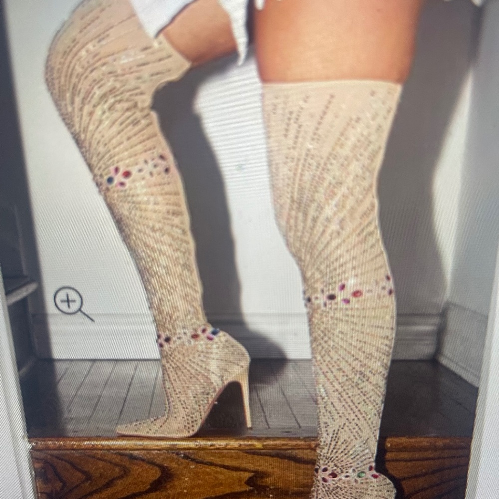 Azalea Wang  Nude Chevelle Stretch Mesh Rhinestone Thigh High Dress Boots SZ 7.5